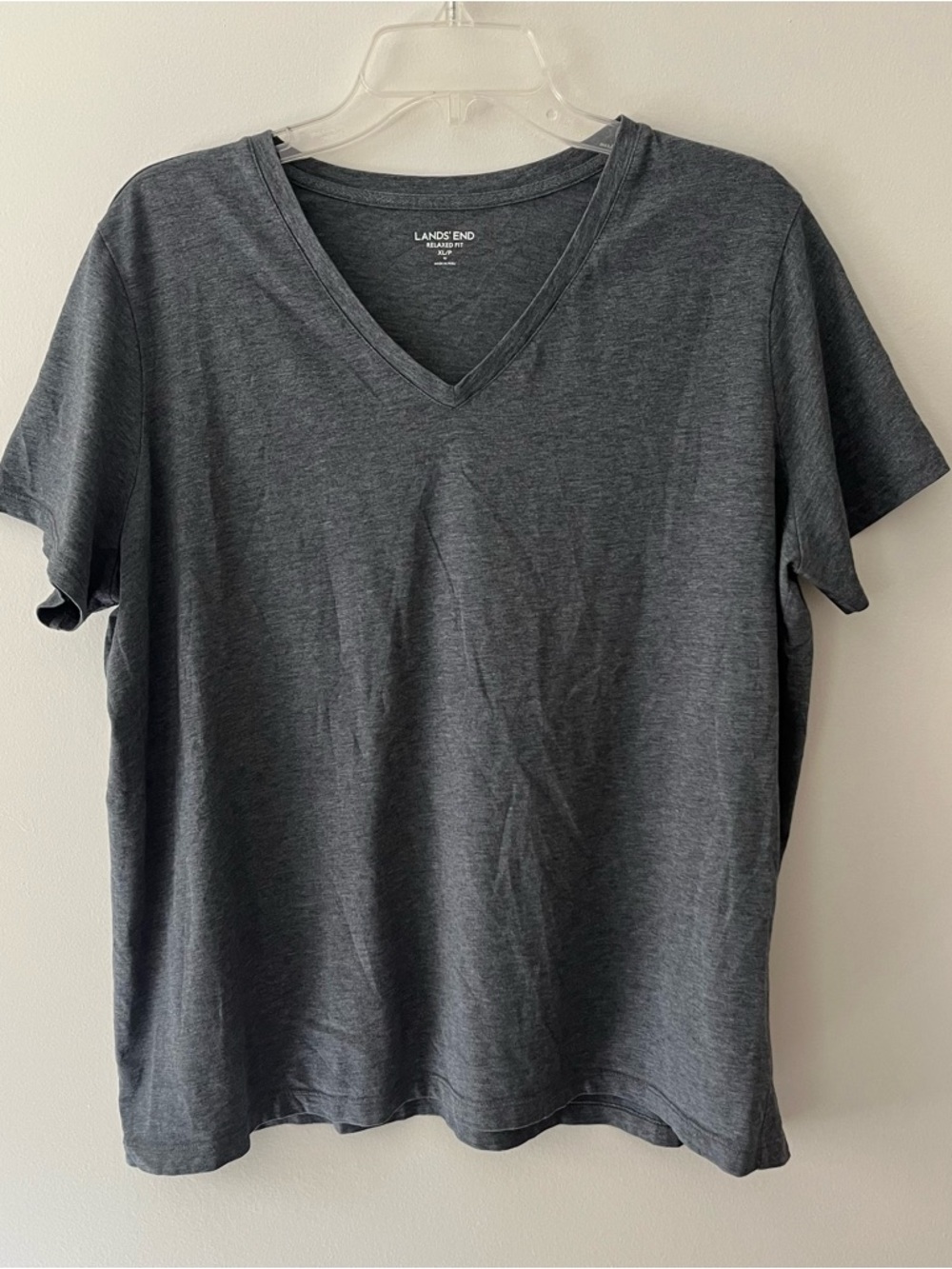 Lands' End Relaxed Fit Pima Cotton T-Shirt V-Neck Grey XL Petite Short Sleeve